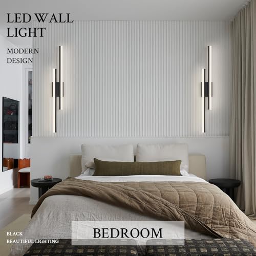 Image of LED Wall Sconce Set of 2 Black Remote Modern LED Vanity Lights Set of 2 Indoor Wall Light Fixtures for Living Room, Dimmable Wall Sconce for Bedside Bedroom Bathroom, L31.5inch 2 Pack