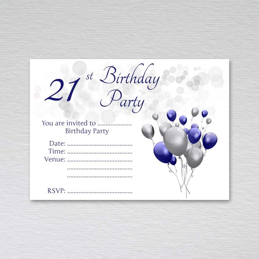 21st Birthday Invitations for Men and Women – Blue and Silver Grey Party Invites with a Striking Balloon Arrangement / 21st Birthday Party Invitation Cards with RSVP (Pack of 20 without Envelopes)