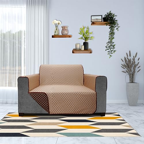 Image of DREAM KING 3 Layers 300 GSM Waterproof Reversible Sofa Cover 2 Seater with Pockets | Dust Protective Soft Fabric Sofa Seat Cover Coffee & Beige