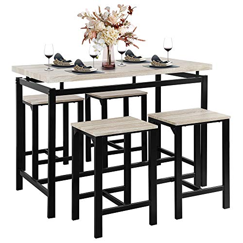 DSDNOO 5 Pcs Dining Table Set, Counter Height Dining Table Set for 4, Wooden Bar Height Dining Table & Bar Stools, Bar Table and Chairs Set, Kitchen Dining Table Set for Pub/Dining Room (Beige)