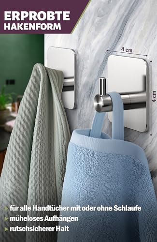 Menz Handtuchhaken ohne Bohren, 6 Stück, Klebehaken aus rostfreiem und wasserfestem 304 Edelstahl, Ideal für Badezimmerfliesen, 10 kg Tragkraft, Haken selbstklebend für Bad und Küche