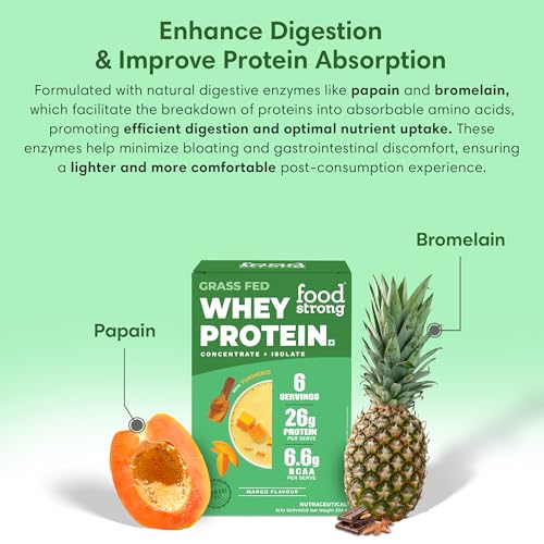 Image of Foodstrong Whey Protein Powder (Concentrate + Isolate), 100% Hormone Free Grass-Fed Whey, 26G Protein & 6.6G BCAA, Mango, With Turmeric & Digestive Enzymes, 6 Sachets, 210G