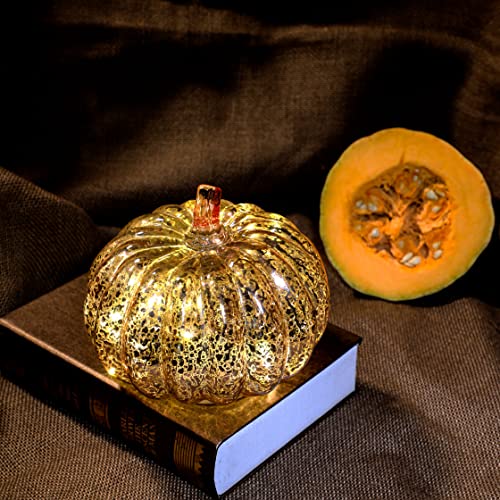 Image of Romingo Mercury Glass Pumpkin Light with Timer for Halloween Pumpkin Decorations Fall and Thanksgiving Decor,Rose Gold, 5.5 inches
