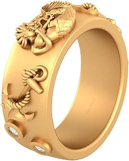 0.12TCW Diamond Mermaid Wedding Band Yellow Gold Finish 925 Silver Aquatic Mermaid Anchor Band