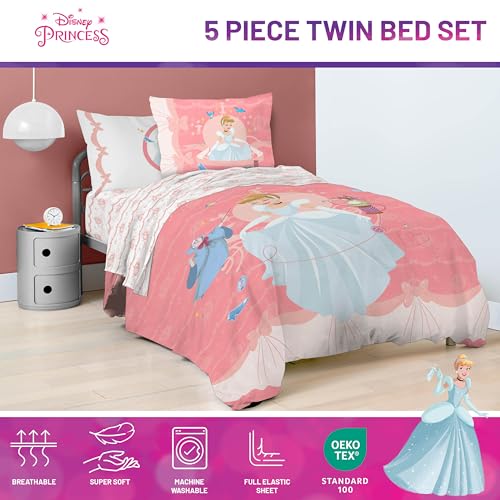 Image of Disney Princess Cinderella Twin Comforter Set 5 Piece Kids Bedding, Pink