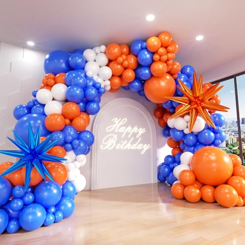 Image of Blue and Orange White Balloon Arch Kit, 145Pcs Royal Blue Orange WhiteBalloon Garland kit, Different Size Balloons for Girl Birthday Anniversary Baby Shower Graduation Prom Party Decorations