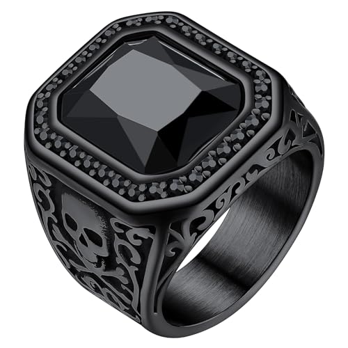 ChainsHouse Mens Black Onyx Rings, Retro X Bone Skull Stainless Steel Signet Rings for Men, Black Onyx Agate Gemstone Rings Jewelry, Offer Custom Service, Size 7-14 A: Skull Square-Black 7