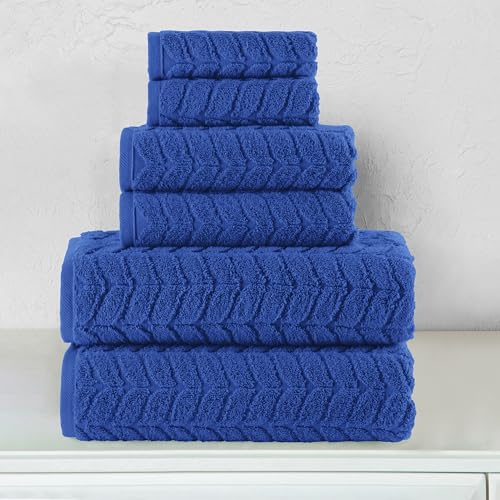 Image of Elegant Comfort Luxury 6-Piece 100% Turkish Cotton Jacquard Braided Textured Premium Hotel Quality Towel Set- Soft and Absorbent, Includes 2 Bath Towels, 2 Hand Towels and 2 Washcloths, Royal Blue
