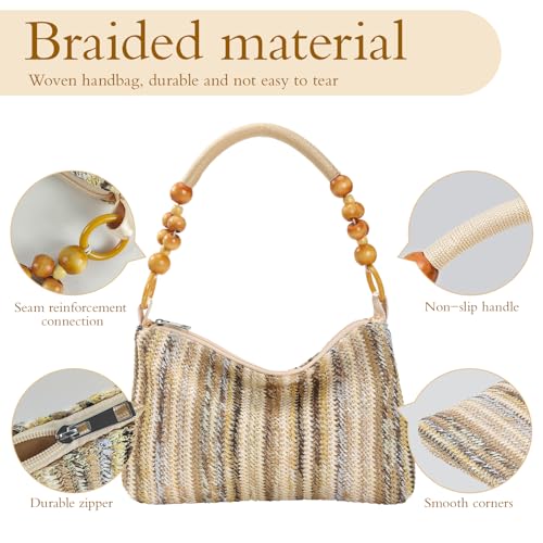 Image of Small Straw Shoulder Bag for Women, Woven Summer Handbag with Wooden Beaded Handle Vacation Purse