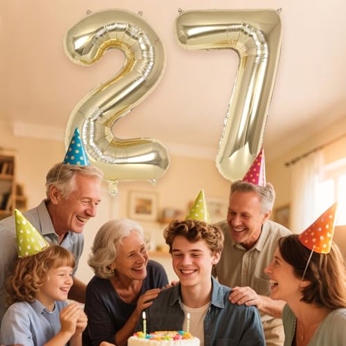 Image of Champagne Gold Large Number 27 Balloon, 40 Inch Light Gold Foil Helium Number Balloons, Giant Mylar Number 27 Balloons for 27 Years Old Birthday Party Anniversary Decorations (Champagne Gold 27)