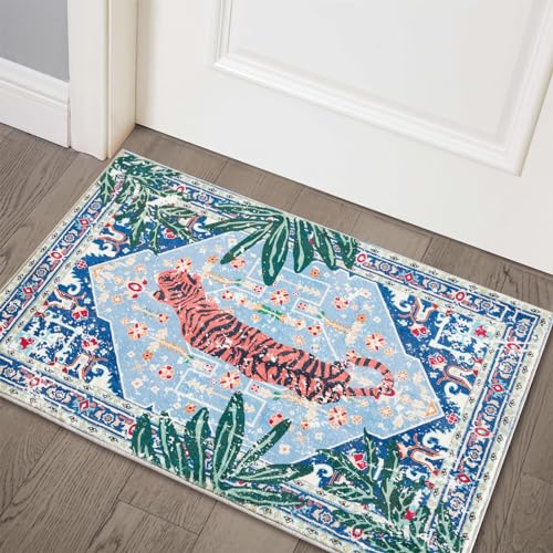 Aldopein B-2X3-BLUE TIGER PERSIAN Tropical Jungle Rugs, 2X3 Faux Wool Botanical Boho Throw Rugs For Bathroom Kitchen Small Indoor Entryway Rug Modern Vintage Distressed Hippie Indian Accent Floor Mat Non-Slip Washable cover