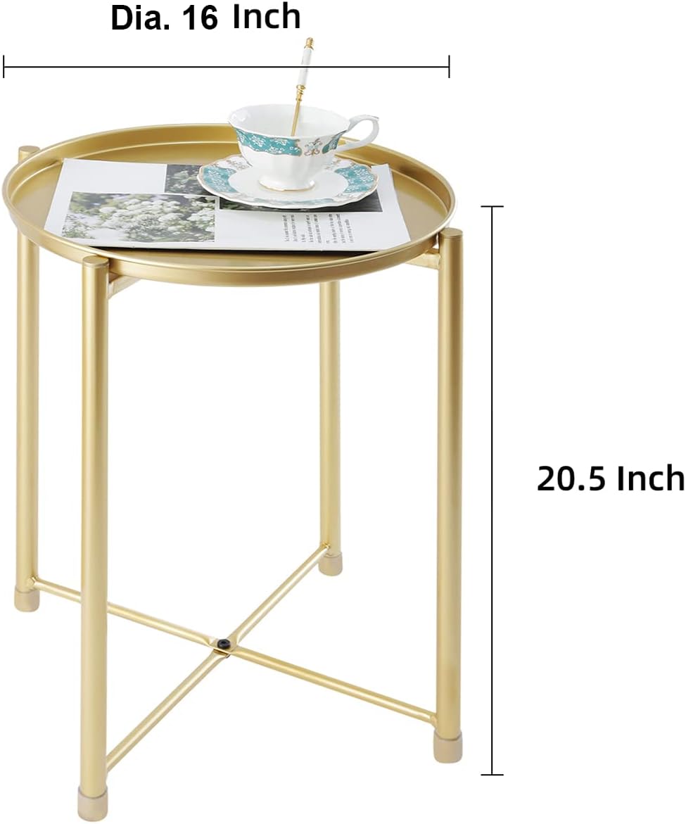 YSSOA Round End Table, Small Side Table Metal, Removable Tray on-top, Side Tables Bedroom Living Room Patio, Anti-Rust and Waterproof, 16 x 16 x 20.5 inch, Gold