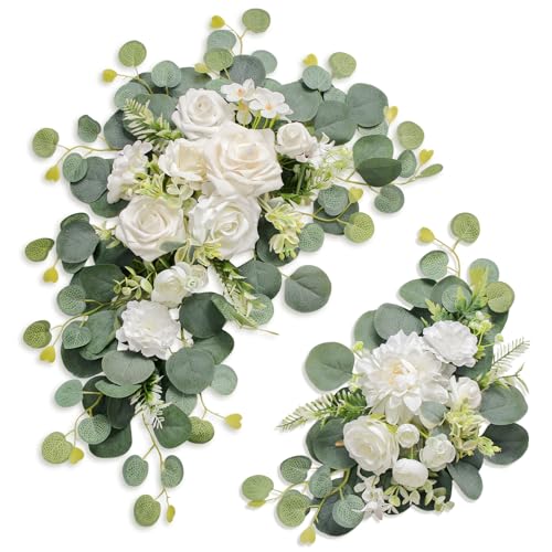 Odouzy Artificial Wedding Arch Flowers for Wedding Sign Set of 2 for Wedding Welcome Ceremony Sign Faux Floral Swags Wedding Banquet and Reception Backdrop Floral Decoration (White)