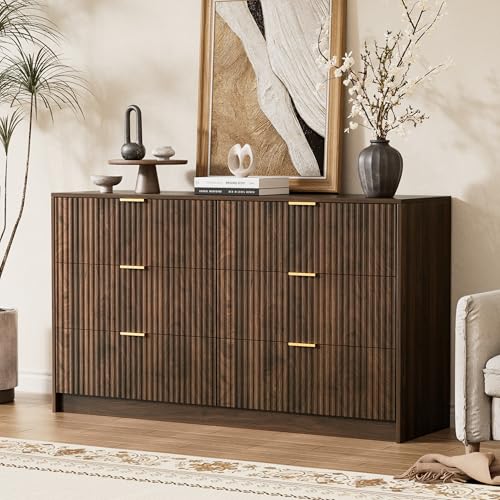 Image of Furniway 3 Piece Bedroom Set, 6 Drawer Dresser and 3-Drawer Nightstand Set of 2 with Gold Handles, Mid-Century Modern Wood Chest of Drawers Storage Cabinet for Bedroom, Walnut