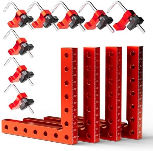 LudoPam 90 Degree Angle Clamps, Positioning Squares Right Angle Clamps, 5.5" x 5.5" Aluminum Alloy Right Angle Square Tool, Corner Clamps for Woodworking Tools, Right Angle Clamp, Drawers(Red 4 Pack)