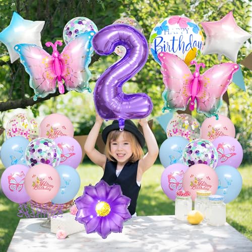 25PCS Butterfly 2nd Birthday Decorations for Girls -Purple Butterfly Balloon Set with Number 2 Giant Foil Balloon & Star Balloons, Birthday Party Supplies for 2 Year Old Girl - Image 3