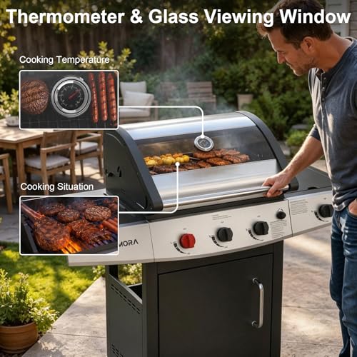 Image of 4 Burners Propane Gas Outdoor Grill 50,000 BTU, 553 Sq.in, Searing Burner, Side Burner, Porcelain-Enameled Grates BBQ Grill, Stainless Steel Propane Grill, Patio Garden Family Party Barbecues