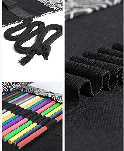 Image of Denifiter 24 Slots Colored Pencils Roll Bag, Pen Paint Brush Storage Pouch Portable for Artist, Women, Men (Black Leaf)
