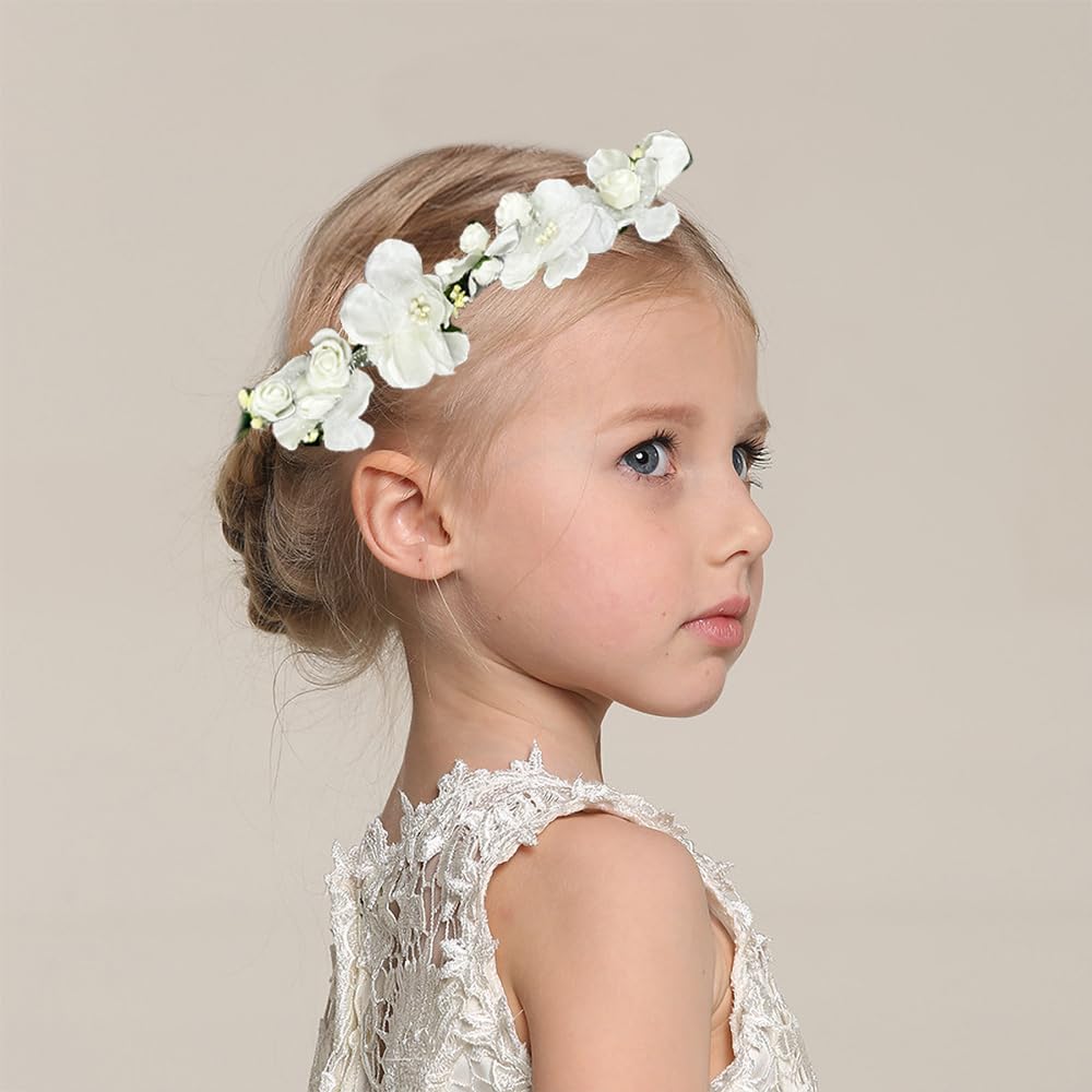 Flower Branch Tiara Crown Headband for Women Cute Fabric Cherry Rose Floral Leaves Hair Accessories Dainty Wedding FlowerGirls Page Boy Flower Wreath Adjustable Ribbon Jewelry(White) - Image 2