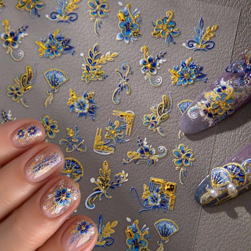 5D Embossed Chinese Style Nail Art Stickers, Luxury Blue Gold Floral Nail Decals with Gold Outline, Self-Adhesive Fan & Window Nail Decorations for Women Acrylic Gel Nails Manicure Supplies(1 Sheet)