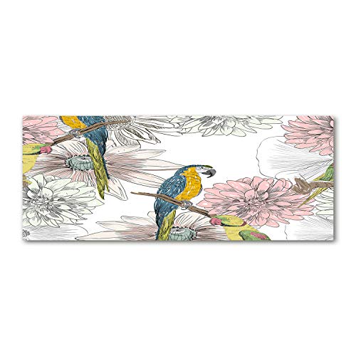 Fond de hotte verre trempé 125x50 robuste et splashback lavable imprimé perroquets et fleurs