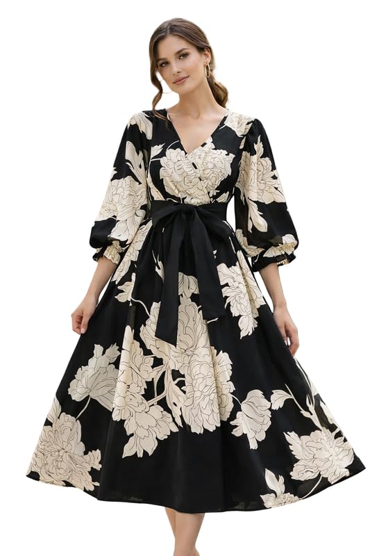 honky tonky Women's Elegant Floral Wrap Maxi Dress with Belt | Comfortable Relaxed Fit Summer Dress-picture-33