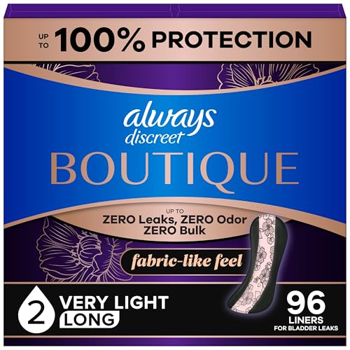 Always Discreet Boutique Incontinence Panty Liners for Bladder Leaks Size 2 Very Light Absorbency Long Length 96 Count (3 Packs of 32)