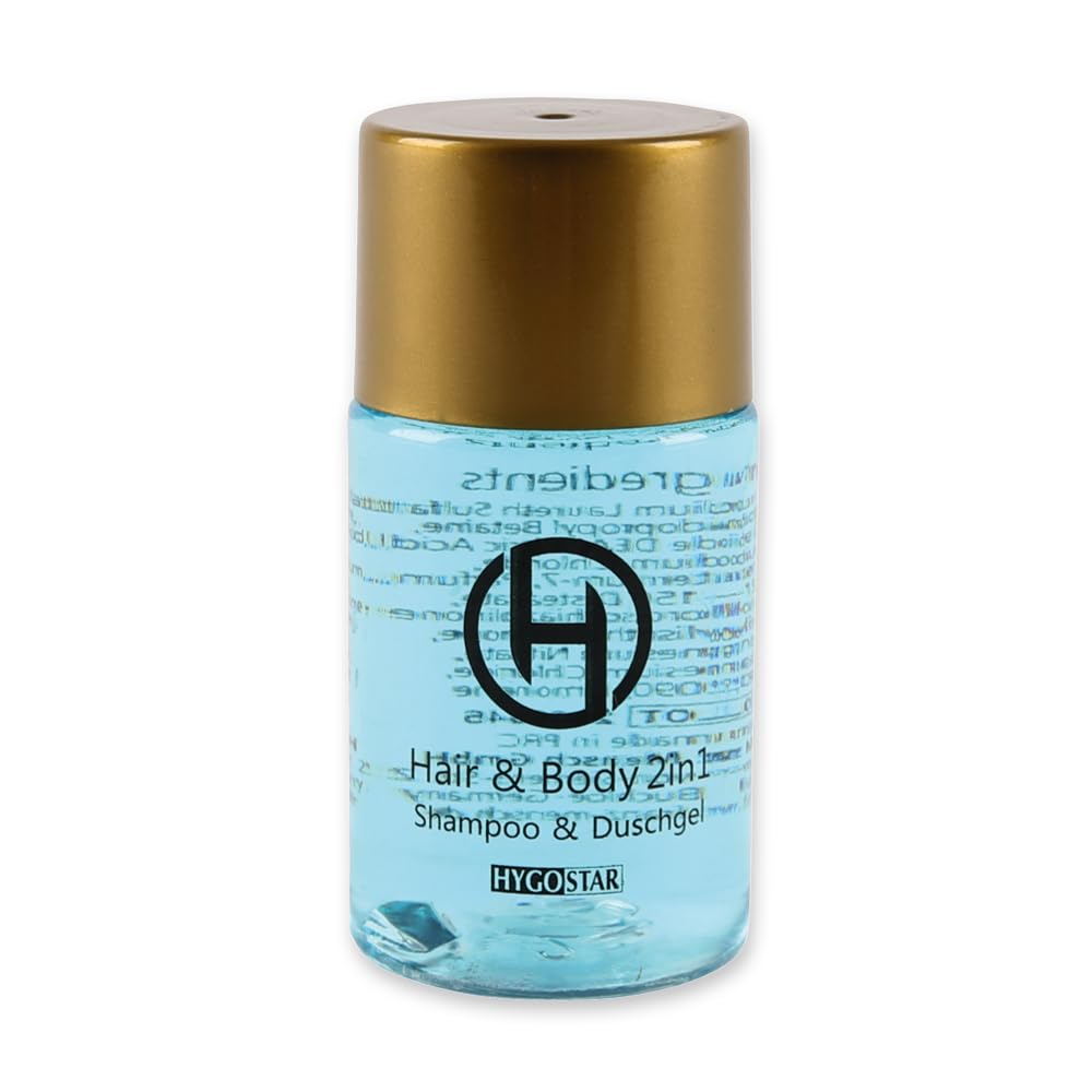 500 Stück Hygostar Hair & Body, 2in1 | Flasche, hellblau, V: 25ml, Umfang: 2,8cm, H: 7,5cm, Hotel Shampoo und Duschgel, Hotel Einweg Hair & Body, 2in1, Hotelkosmetik, Einmalkosmetik, Einwegkosmetik