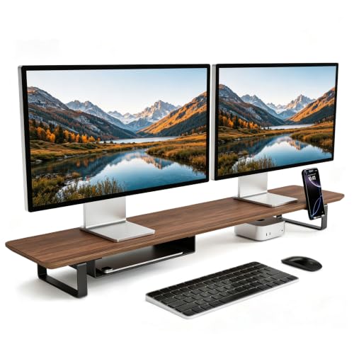 Image of muso wood Dual Monitor Stand with Storage Shelf, 45 Inch Wooden Monitor Riser for 2 Monitors, Walnut Desk Shelf for Computer, Laptop, Screen, TV, Printer