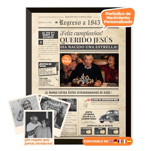 Periódico de aniversário 1945 – póster personalizado ano de nascimento com foto, nome e mensagem – presente original para homem ou mulher de 80 anos – estilo vintage com moldura opcional – lembrança