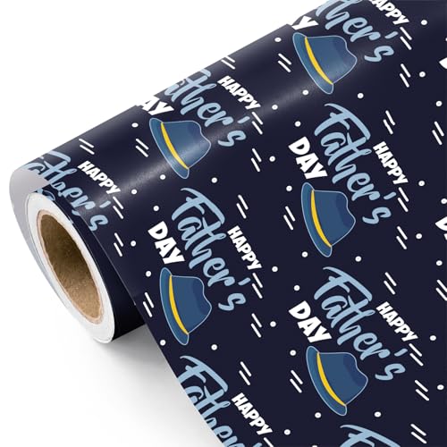 WRAPAHOLIC Fathers Day Wrapping Paper Roll - Mini Roll - 17 Inch x 16.5 Feet - Navy Hat and Happy Father’s Day Wrapping Paper Perfect for Dad, Men, Birthday, Step-Dad Boyfriend