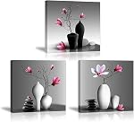 Flower Wall Art pour salle de bain Hallway, Piy Painting Élégante rchid Still Life Canvas Painting Imprimés, Magnolia en noir et blanc Vases Photo (Décor étanche, prêt à accrocher, 12x12 x3)