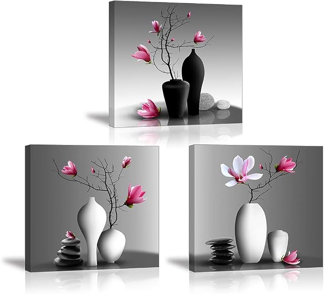 Flower Wall Art pour salle de bain Hallway, Piy Painting Élégante rchid Still Life Canvas Painting Imprimés, Magnolia en noir et blanc Vases Photo (Décor étanche, prêt à accrocher, 12x12 x3)