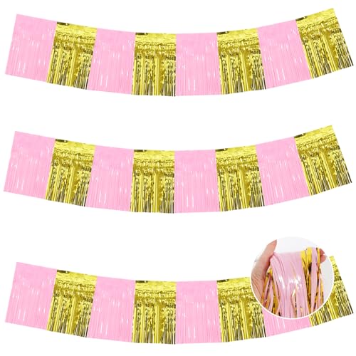 Image of BEISHIDA 3 Packs Metallic Foil Fringe Garland Macaron Pink Gold Wall Hanging Tinsel Fringe Banners for Car Floats Bridal Shower Wedding Birthday Graduation Holiday Party Decoration(30 Feet)