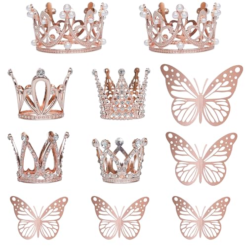 Gyufise 18 Pack Mini Crown Cupcake Toppers Butterfly Cake Toppers Crown Tiara Cupcake Decorations for Women Lady Girl Birthday Bridal Wedding Royal Themed Party Decorations Supplies Rose Gold