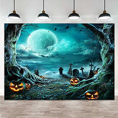 Halloween Party Photo Background 7X5Ft Vinyl Horror Moon Night Scary Cemetery Pumpkin Lantern Photography Backdrops Children Kids Family Party Birthday Banner Studio Shoot Props #TOP2