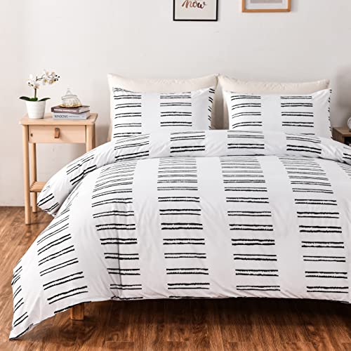 Getiann Soft Bedding Duvet Cover Set Queen White Striped Comforter Cover Set Full 90"X90"(1 Comforter Cover And 2 Pillow Shams) Hotel Quality (Road thumb #2
