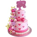 36 PCS Hot Pink Girl Cake Topper Balls Cake Decorations with Pink and Gold Balls Shiny Stars for Wedding Baby Shower Anniversary Girl Birthday Themed Party Supplies (Stars)