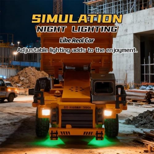 Image of RC Dumper Truck Toy for Kids, 1:64 Die-Cast Metal Construction Truck with Remote Control, LED Lights, Lifting Dump Bed, Rubber Tyres, Engineering Vehicle Toy Gift for Boys & Girls Age 3+