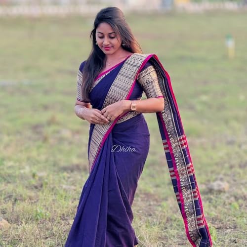 Image of Narayanpet Pure Cotton Avani Border Saree for Women with Running Blouse | Tassels | Traditional Woven Solid Design | Handloom Weave