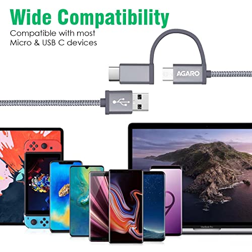 Image of Agaro 2 in 1 Usba to Micro to Type C Nylon Braided, Sturdy Cable with Fast Charging & Data Transmission 1.2M Cable for Smartphone and Charging Adapter (3.93 Feet Long) (Grey)