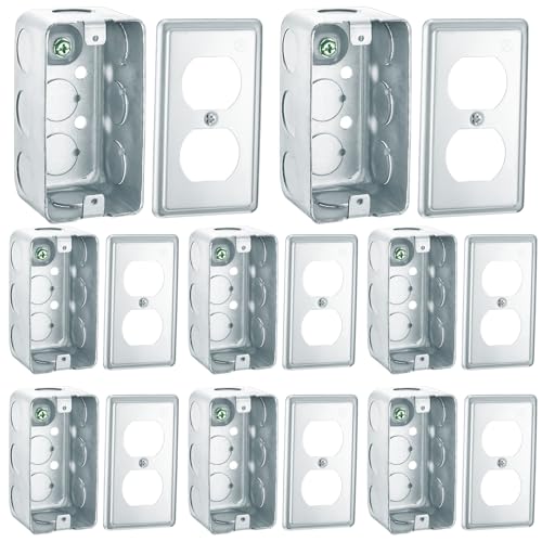 Copkim 8 Set 4 x 2 Inch Electrical Junction Box with Cover Square Plenum Box Galvanized Steel Metal Outlet Boxes, Ten 1/2'' Knockouts, 1-7/8" Deep, 13 Cu. in. Capacity (Duplex Receptacle Cover)