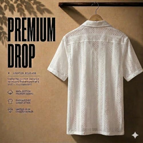 Image of TOUGHTEES Men's Short Sleeve Button-Up Shirt, White, Textured Geometric Pattern, Camp Collar