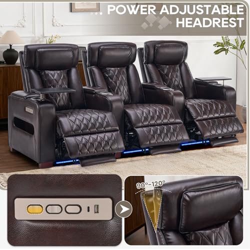 Image of Luxury Home Theater Seating - Power Recliner with Adjustable Headrests, Blue LED Ambient Lighting, Tray Table, USB & Type-C Charging (Dark Brown,4 Seat)