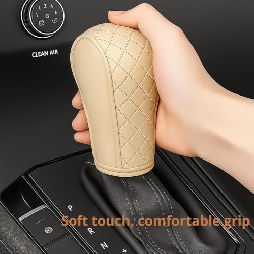 Image of DETACHI Car Gear Knob Cover Premium PU Leather Beige Non Slip Waterproof Gear Shift Protector Universal Fit for Cars SUVs Trucks Durable Diamond Design Handbrake Cover Stylish Car Interior Accessory