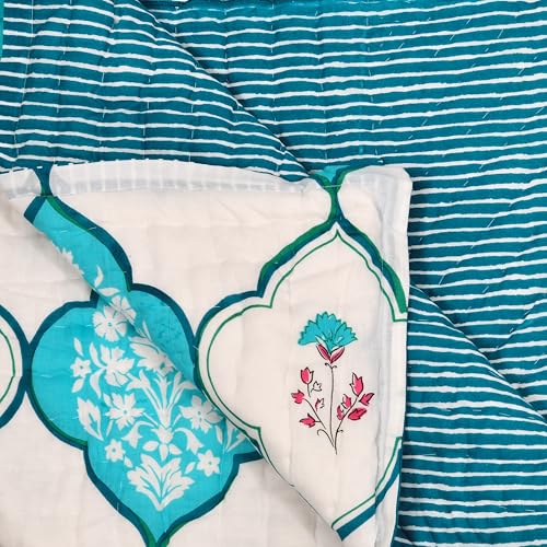 Image of BLOCKS OF INDIA Hand Block Printed Cotton King Size Quilt /Rajai | MUGHAL Turquoise