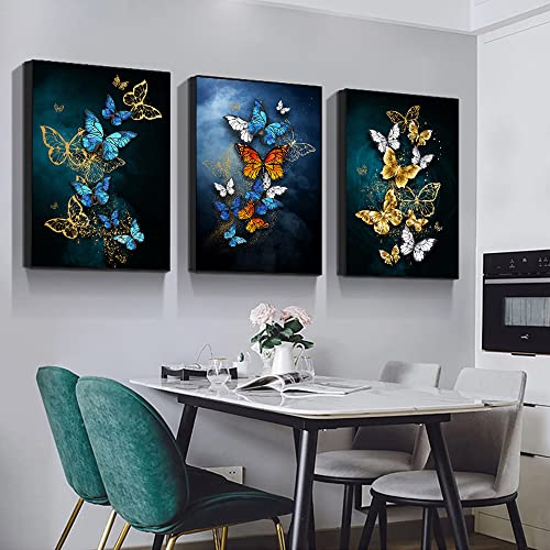 Lienzo de mariposa azul y oro para decorar salones modernos, tríptico de 30x50cm