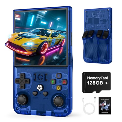 Image of R36MAX Retro Handheld Game Console, 128GB Retro Gaming Console with 4.0 Inch Screen, Portable Video Game Consoles with 4000mAh Battery and Multiple Emulators (128GB-Blue)
