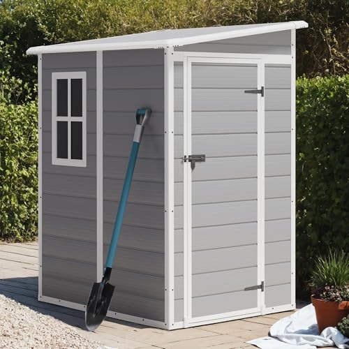 Image of Greesum 5x4FT Plastic Outdoor Storage Shed, Resin Shed with Floor and Window, Tool Sheds with Lockable Door and Vent, for Garden, Garage, Lawn, Backyard, Light Gray