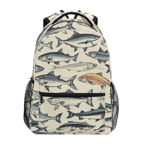 Vintage Fish Pattern Backpack Laptop Tablet Travel School Backpack with Name Tag for Boys Girls